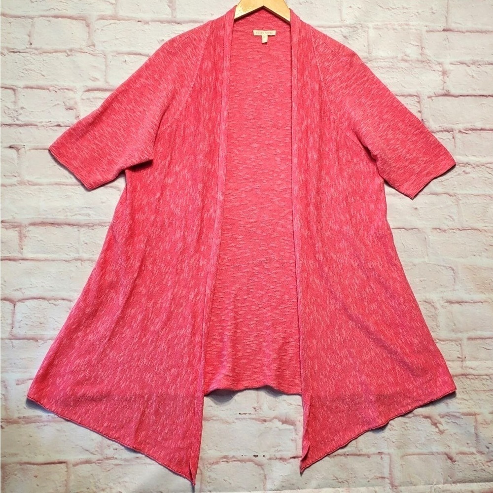 Eileen Fisher Linen Cotton Open Front Cardigan L Pink Short Sleeve Knit Sweater